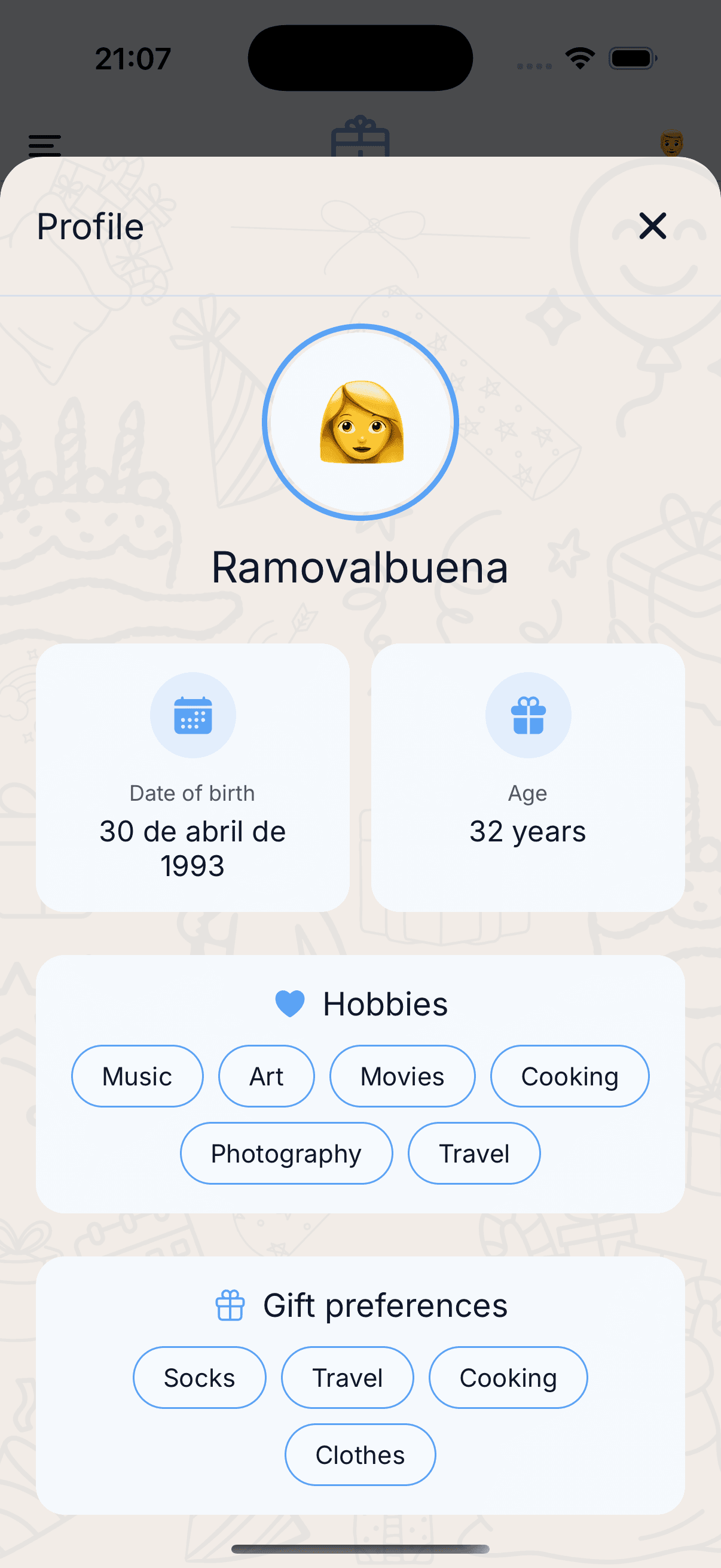 Profile screen with hobbies and preferences